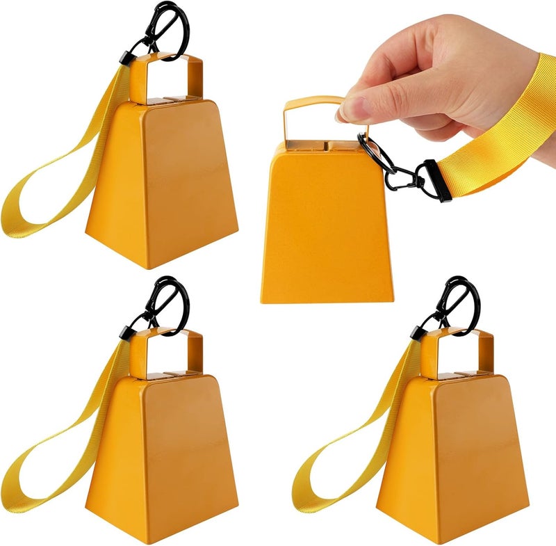 EcoBrisa 4Pack Cow Bells Metal Noisemaker Cheering Bell 4" Cowbell with Wrist Strap Ribbon for Sporting Events,Games, Party,Hand Percussion,Football Games and Celebrations (Solid Yellow) - Image 1